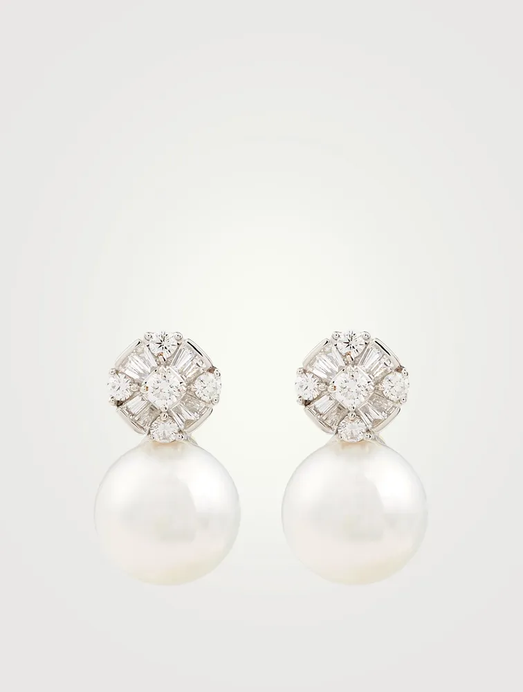 18K Gold Stud Earrings With Pearls And Diamonds