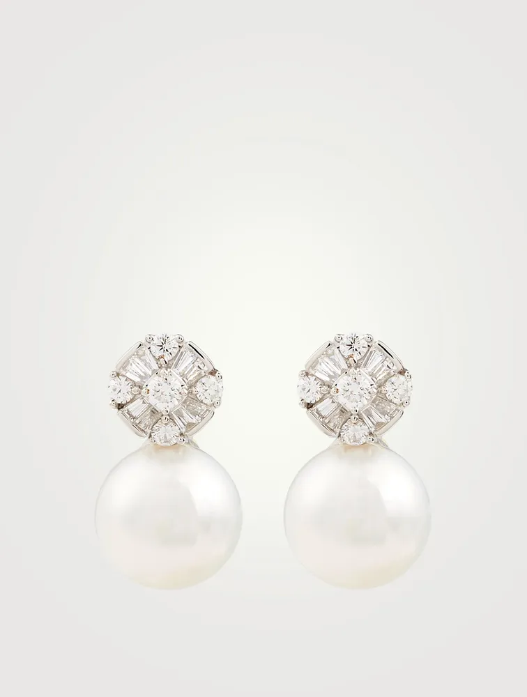 18K White Gold Stud Earrings With Pearls And Diamonds