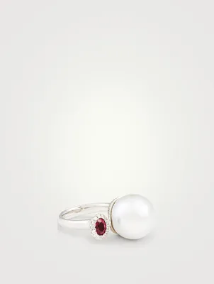 18K White Gold Ring With Pearl, Diamonds And Ruby