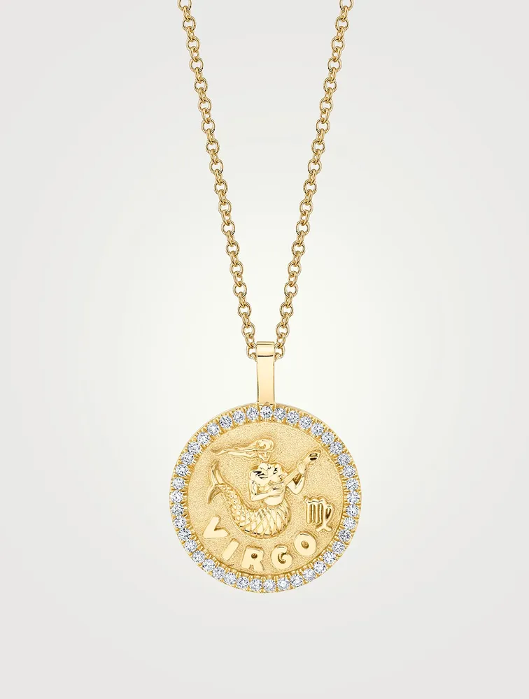 18K Gold Zodiac Virgo Coin Pendant Necklace With Diamonds