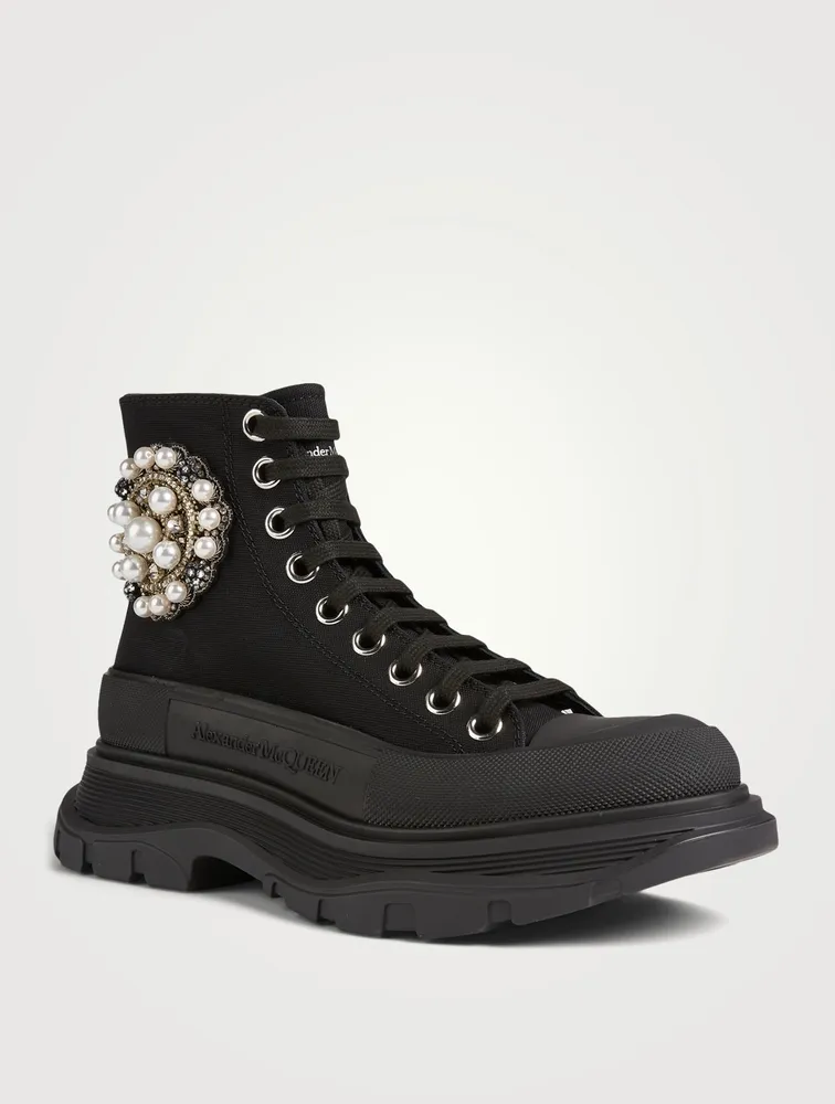 Tread Slick Canvas Platform High-Top Sneakers With Pearl Embroidery
