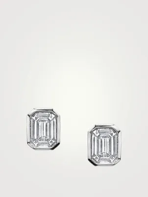 18K White Gold Emerald-Cut Diamond Illusion Stud Earrings