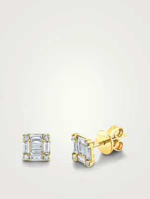 Mini 18K Gold Square Stacked Baguette Diamond Stud Earrings