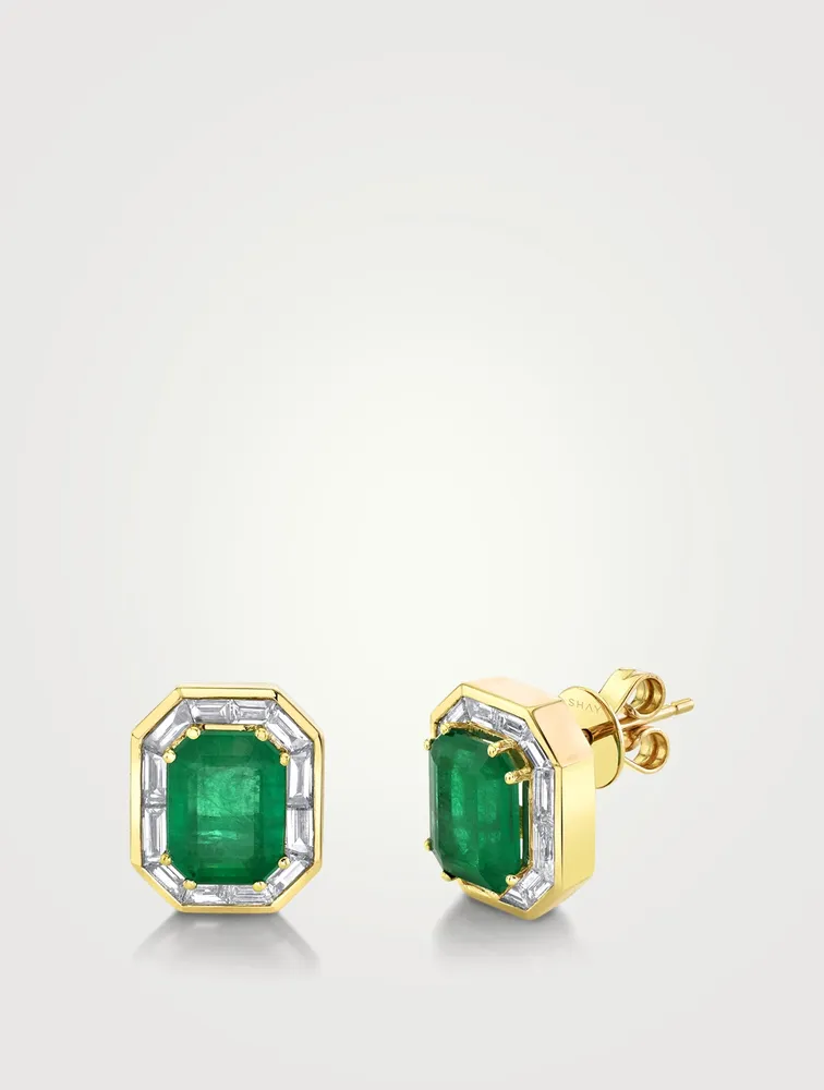 18K Gold Emerald Stud Earrings With Diamonds