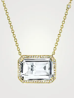 18K Gold White Topaz Portrait Pendant Necklace With Diamonds