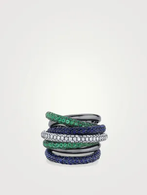 18K Black Gold Orbit Ring With Blue Sapphire, Emerald And Diamond