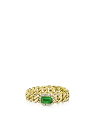 Baby Link 18K Gold Emerald Halo Ring With Diamonds