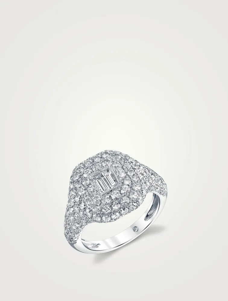 18K White Gold Baguette Pinky Ring With Pavé Diamonds