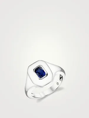 18K White Gold Baguette Pinky Ring With Blue Sapphire