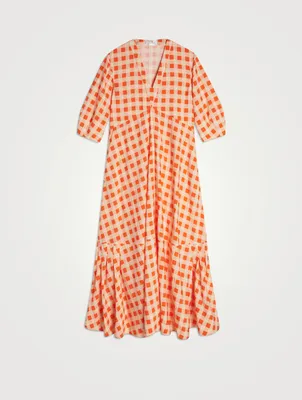 Bell-Sleeve Maxi Dress Gingham Print