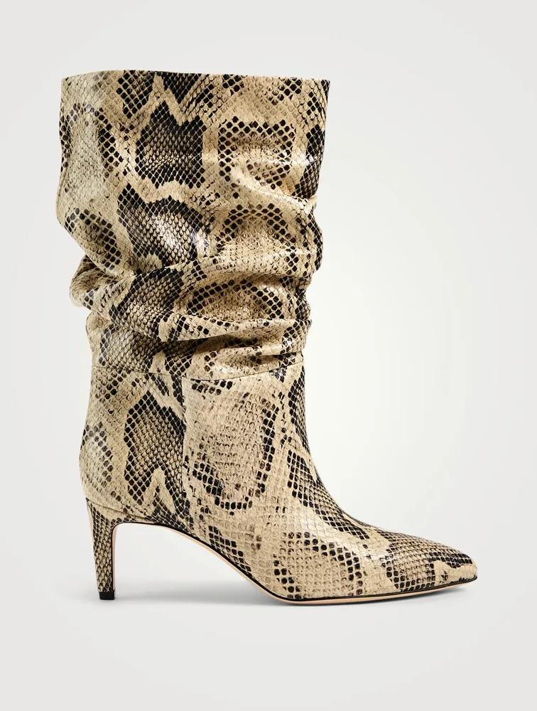 Slouchy Leather Heeled Mid-Calf Boots Python Print