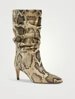 Slouchy Leather Heeled Mid-Calf Boots Python Print