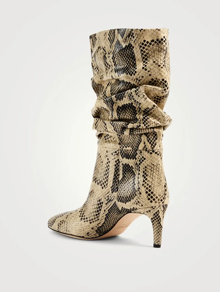 Slouchy Leather Heeled Mid-Calf Boots Python Print