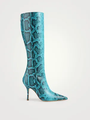Mama Leather Heeled Knee-High Boots Python Print