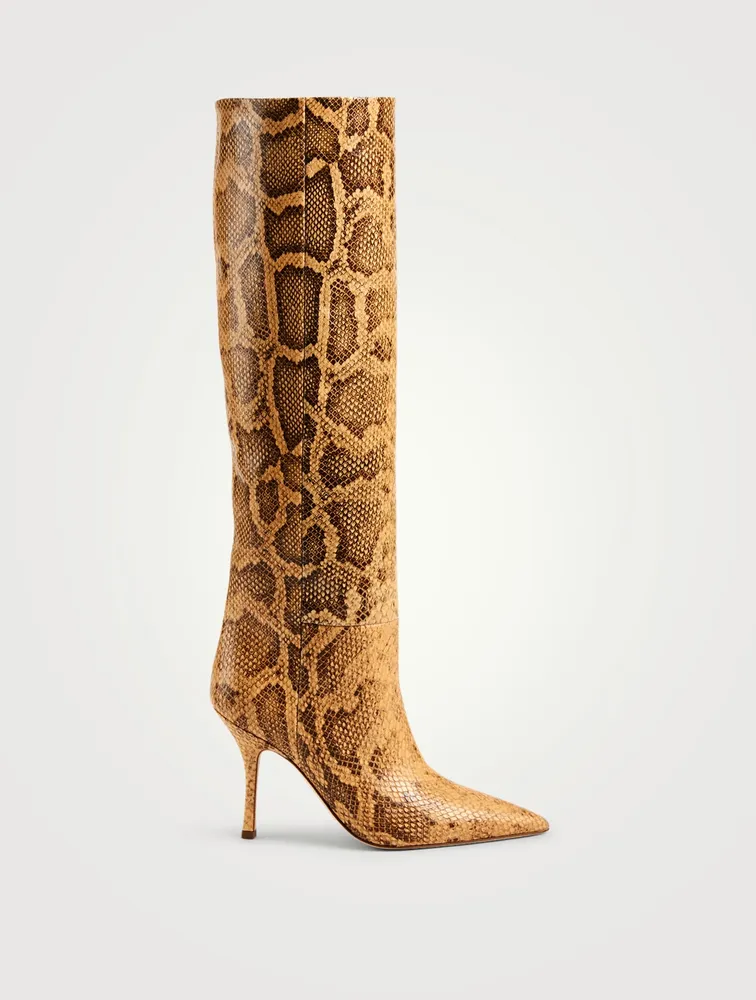 Mama Wide Leather Heeled Knee-High Boots Python Print