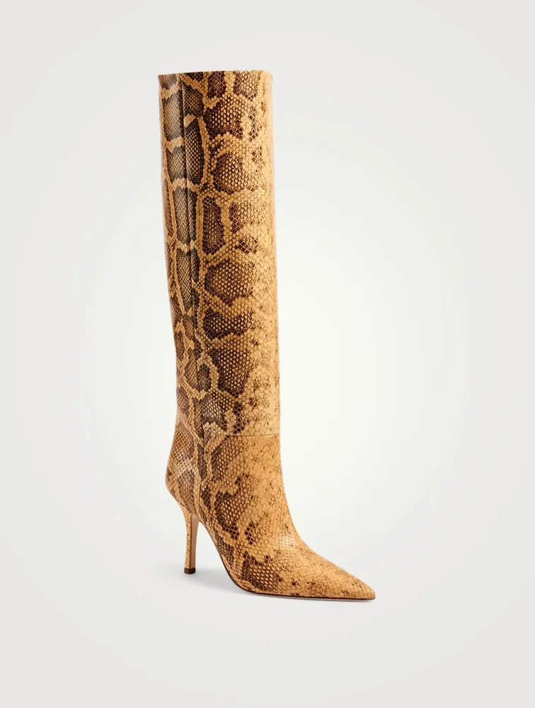 Mama Wide Leather Heeled Knee-High Boots Python Print