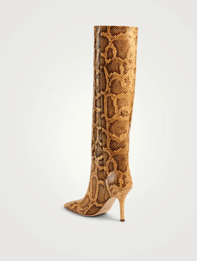 Mama Wide Leather Heeled Knee-High Boots Python Print