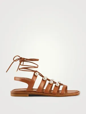 Goldie Leather Ankle-Tie Gladiator Sandals With Pearls