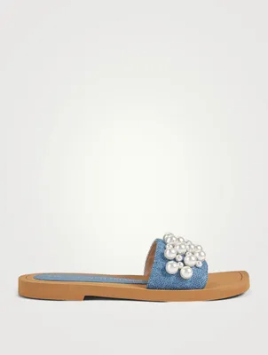Goldie Denim Slide Sandals With Pearls