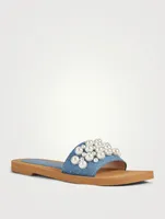 Goldie Denim Slide Sandals With Pearls