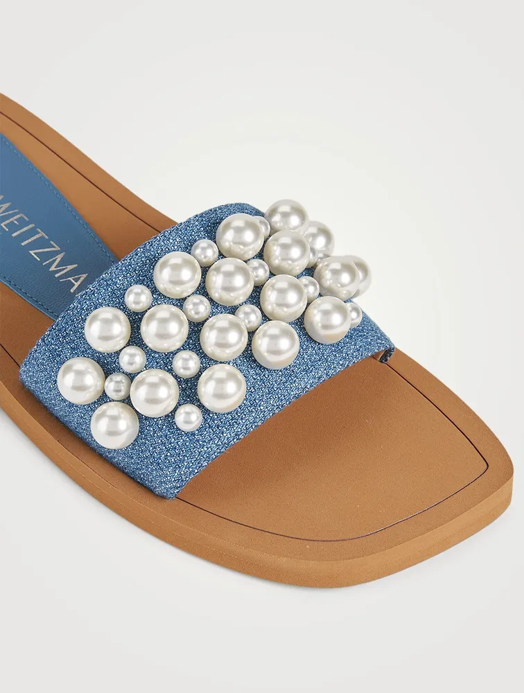 Goldie Denim Slide Sandals With Pearls