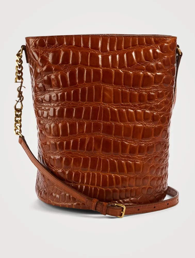 Croc-Embossed Leather Bucket Bag