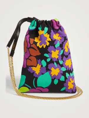 Satin Drawstring Chain Pouch In Floral Print