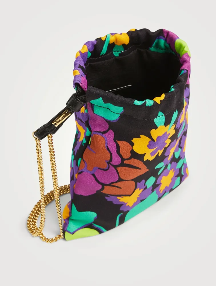 Satin Drawstring Chain Pouch In Floral Print