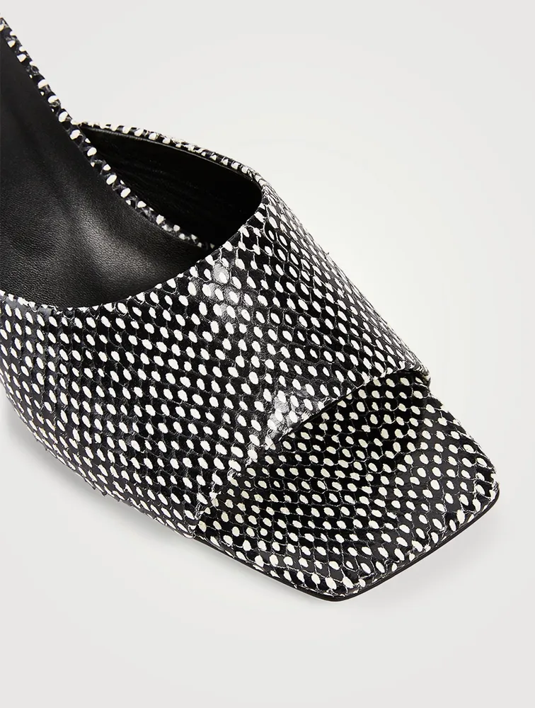 Katti Leather Heeled Mule Sandals Snake Print