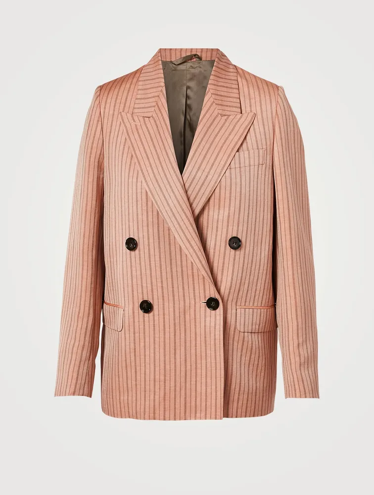 Linen-Blend Double-Breasted Blazer Striped Print