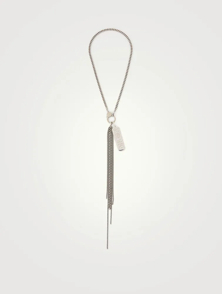 Silver Mama Dog Tag Fringe Necklace With Diamonds