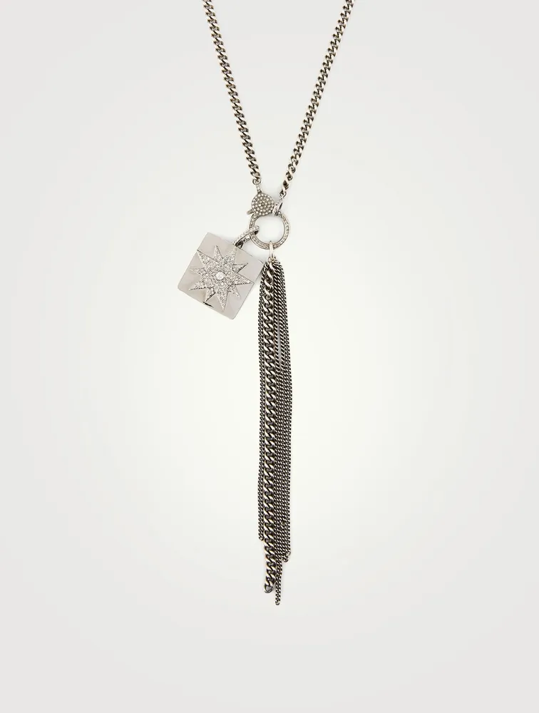 Silver Starburst Dog Tag Fringe Necklace With Diamonds