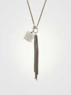 Silver Starburst Dog Tag Fringe Necklace With Diamonds