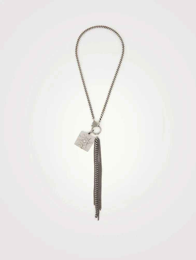 Silver Starburst Dog Tag Fringe Necklace With Diamonds