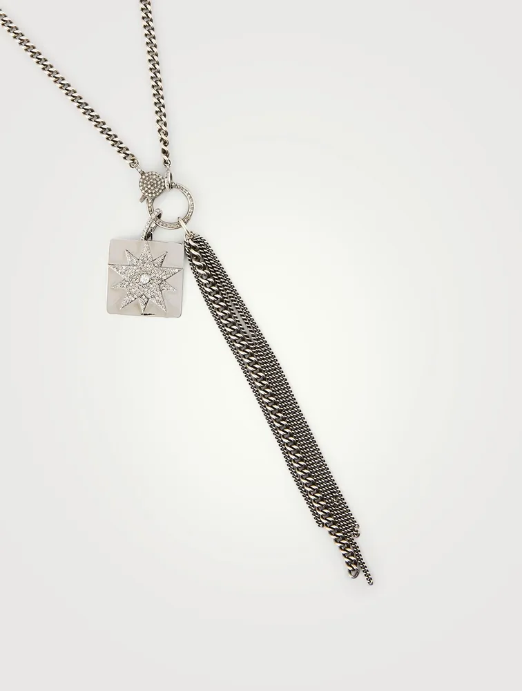 Silver Starburst Dog Tag Fringe Necklace With Diamonds