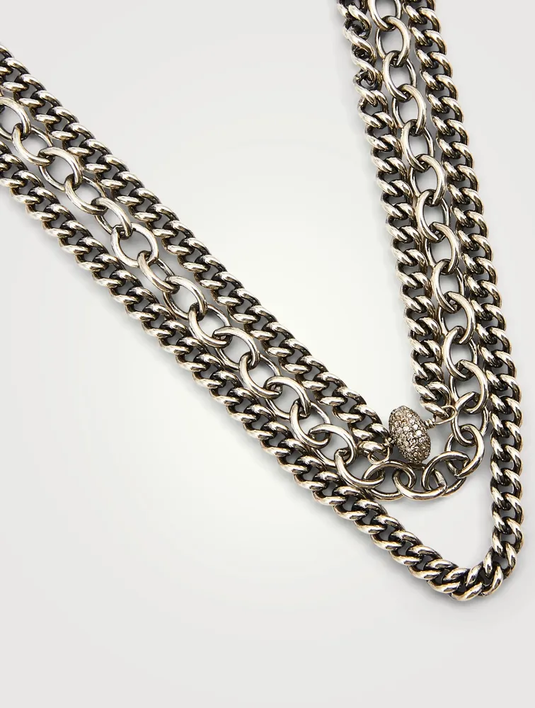 Silver Triple Layer Chain Necklace With Diamonds