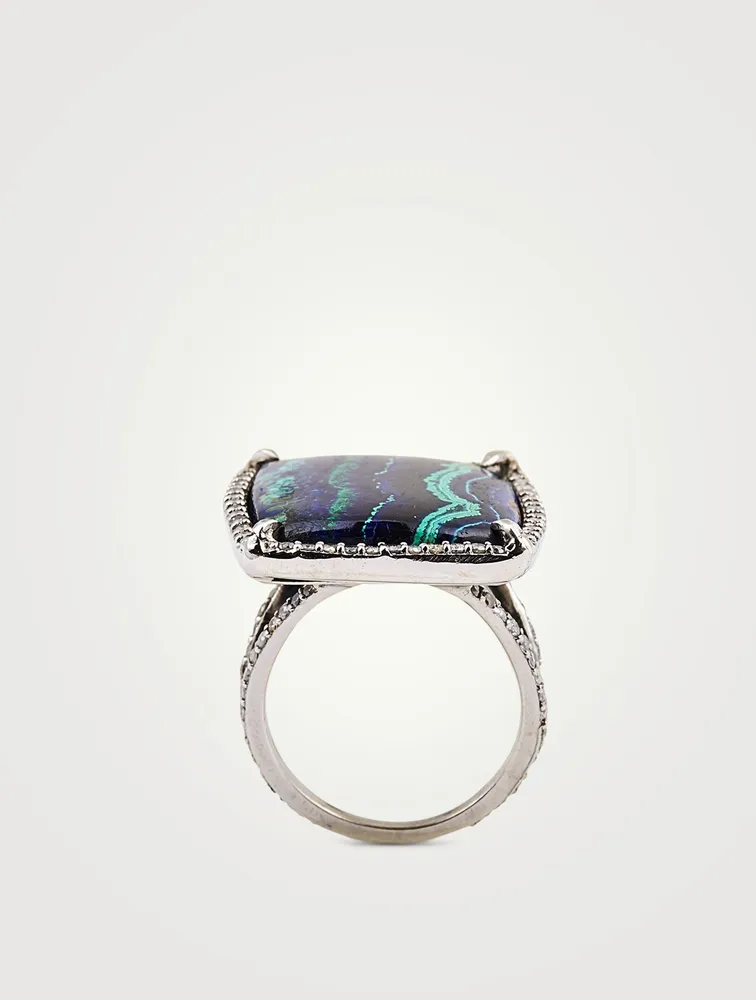 Silver Azurite Malachite Ring With Diamonds
