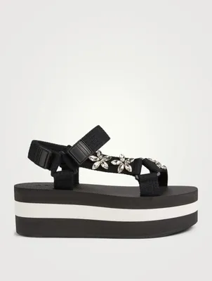 Webbing Flatform Sandals With Crystals