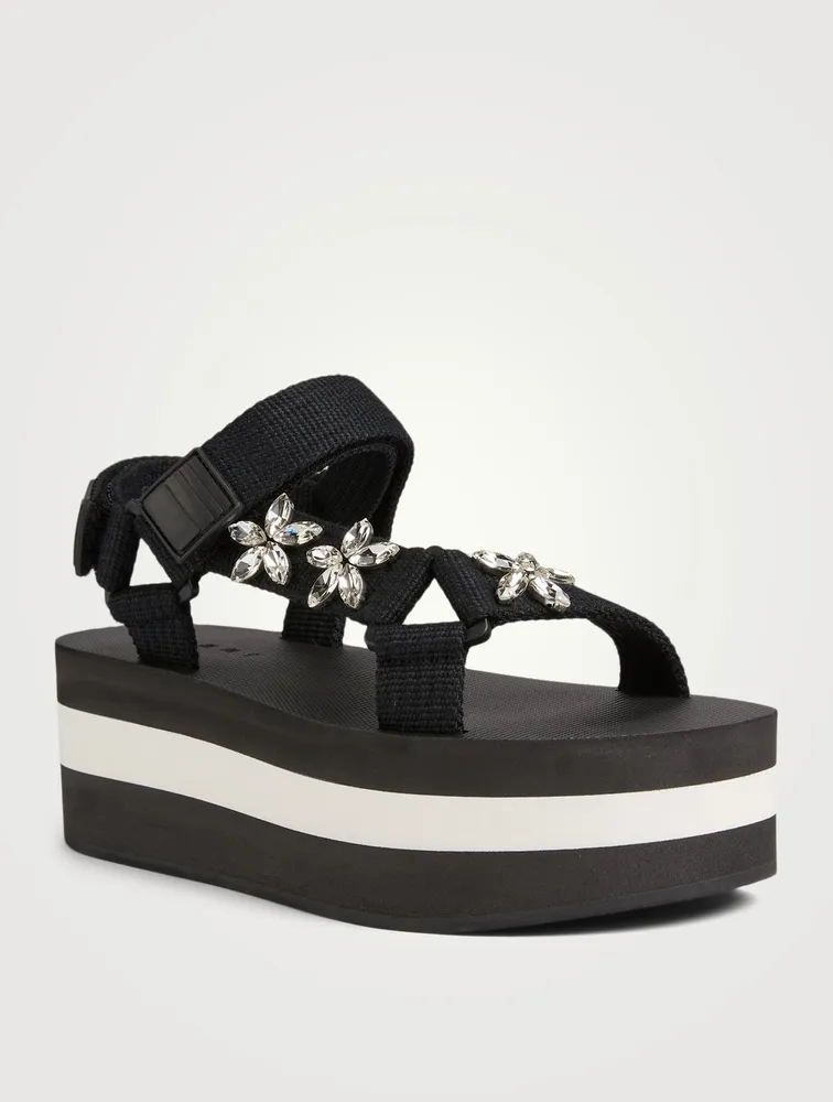 Webbing Flatform Sandals With Crystals