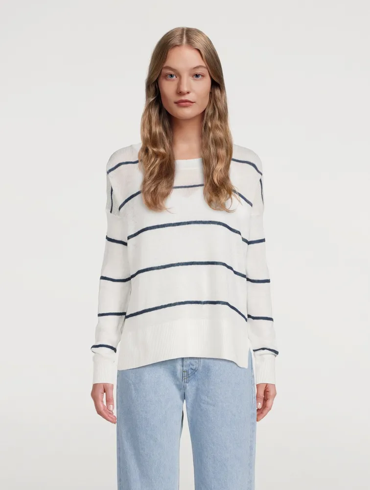 Linen Crewneck Sweater Striped Print
