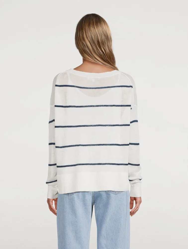 Linen Crewneck Sweater Striped Print