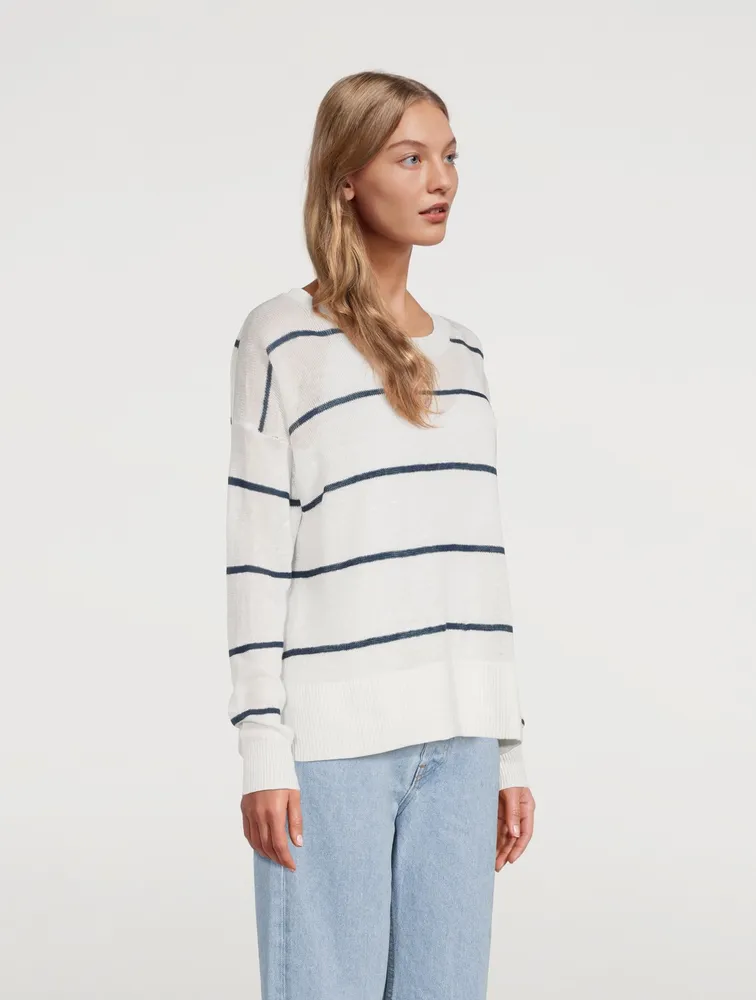 Linen Crewneck Sweater Striped Print