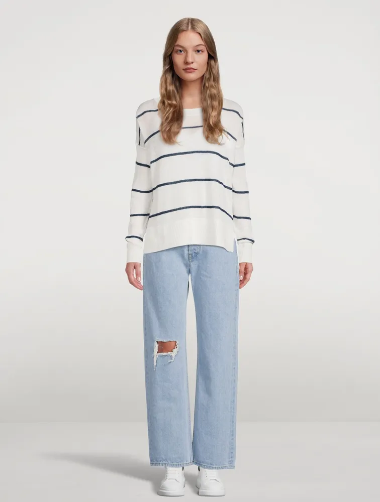 Linen Crewneck Sweater Striped Print