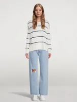 Linen Crewneck Sweater Striped Print
