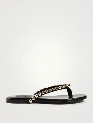 Leather Thong Sandals With Metal Pearls