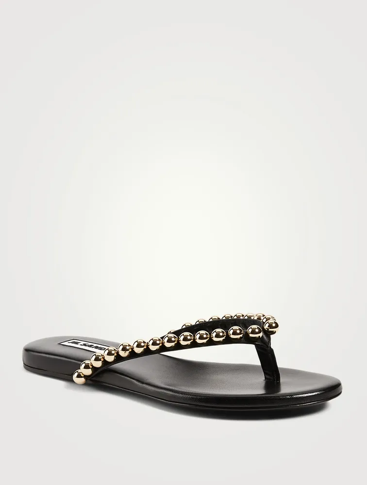 Leather Thong Sandals With Metal Pearls