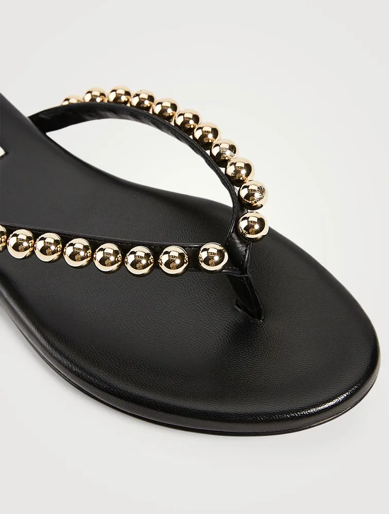 Leather Thong Sandals With Metal Pearls