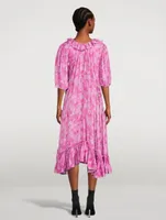 Ruffled Midi Wrap Dress In Pansy Print