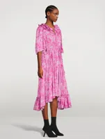 Ruffled Midi Wrap Dress In Pansy Print