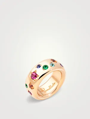 Large Classic Iconica 18K Rose Gold Colour Ring With Multicolour Stones